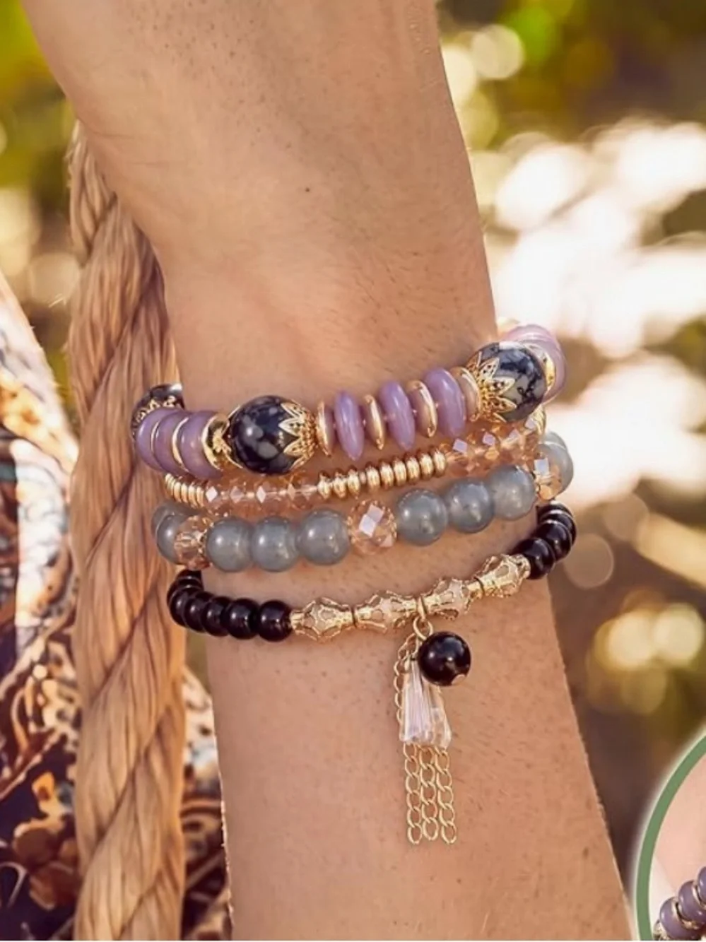 Anthropologie Gold, Gray, Black and Mauve Stacked Beaded Bracelet Set